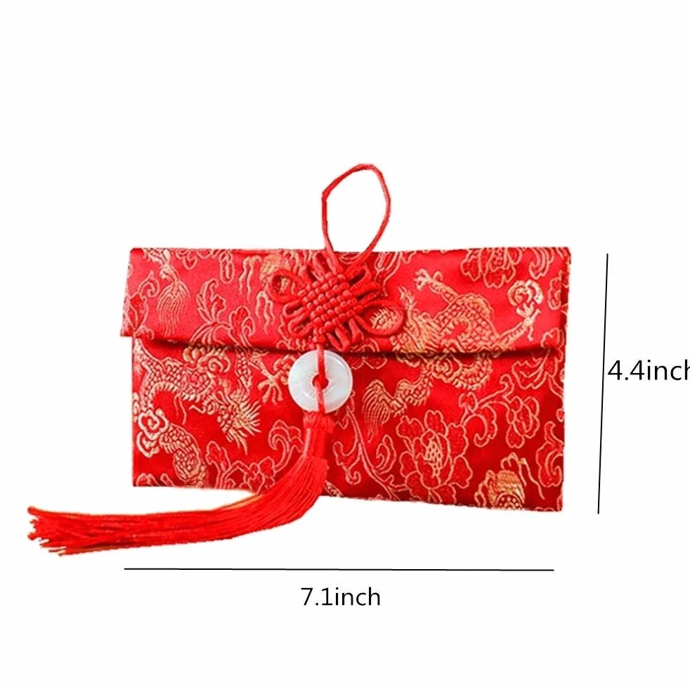 4 sobres rojos de seda china, sobres rojos con elementos de dragón chino de la suerte para bodas, Año Nuevo, bolsillos rojos para dinero, aproximadamente puede contener 100 hojas, 4 estilos