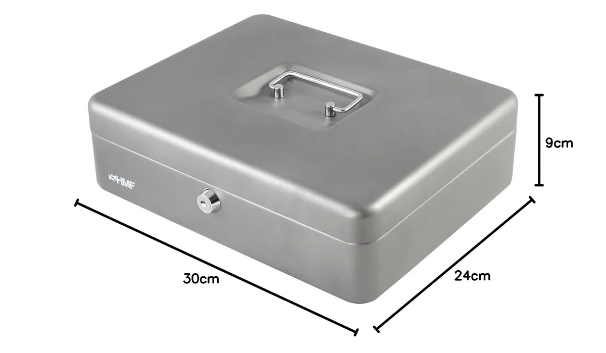 HMF 10019-09 Caja de caudales con compartimientos para monedas y billetes 30 x 24 x 9 cm, plata