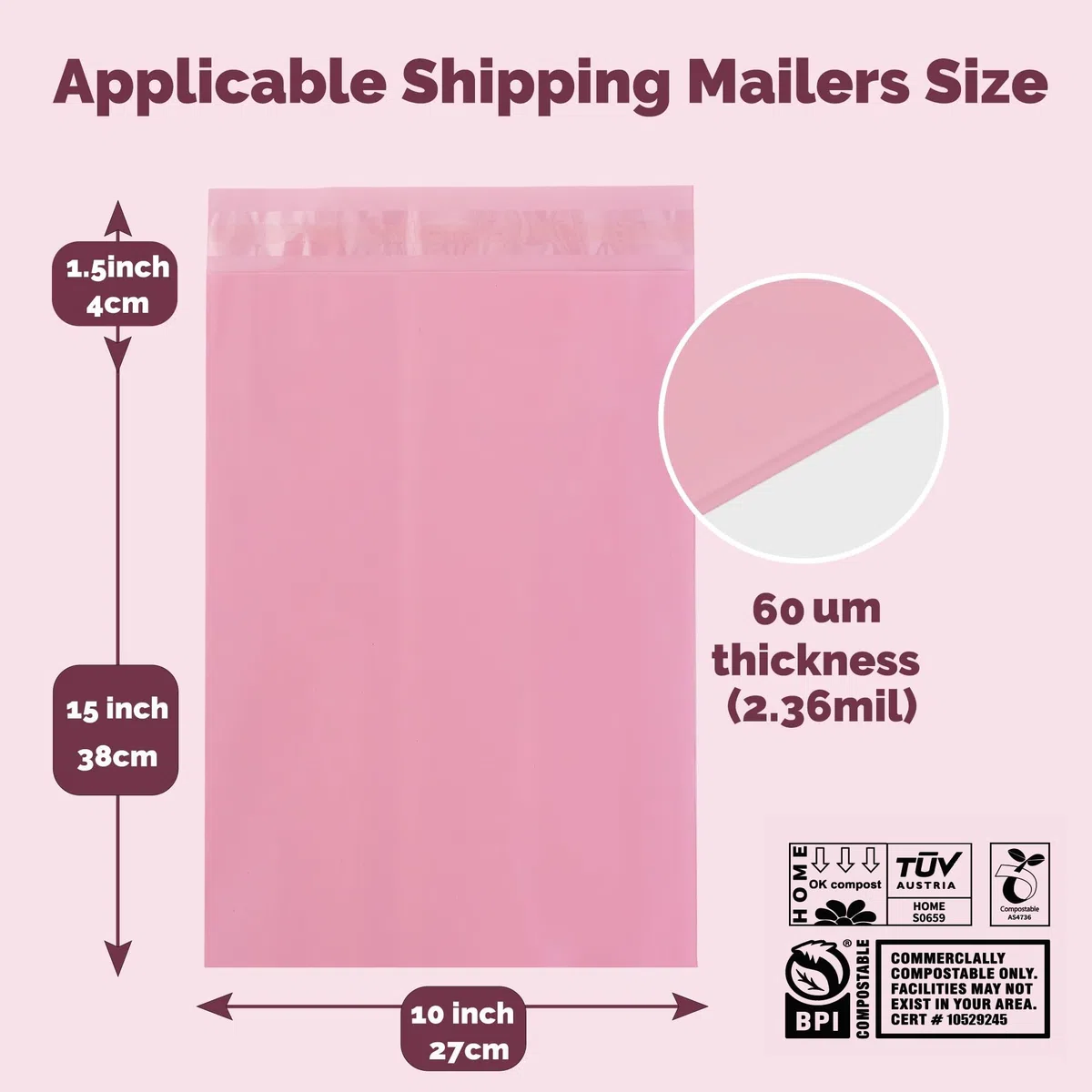 Bolsas compostables de 26x38 con tira autoadhesivos, respetuosas con el medio ambiente, sobres para ropa, Bolsas de correo a prueba de agua y de roturas, paquete de 50 unidades, color rosa