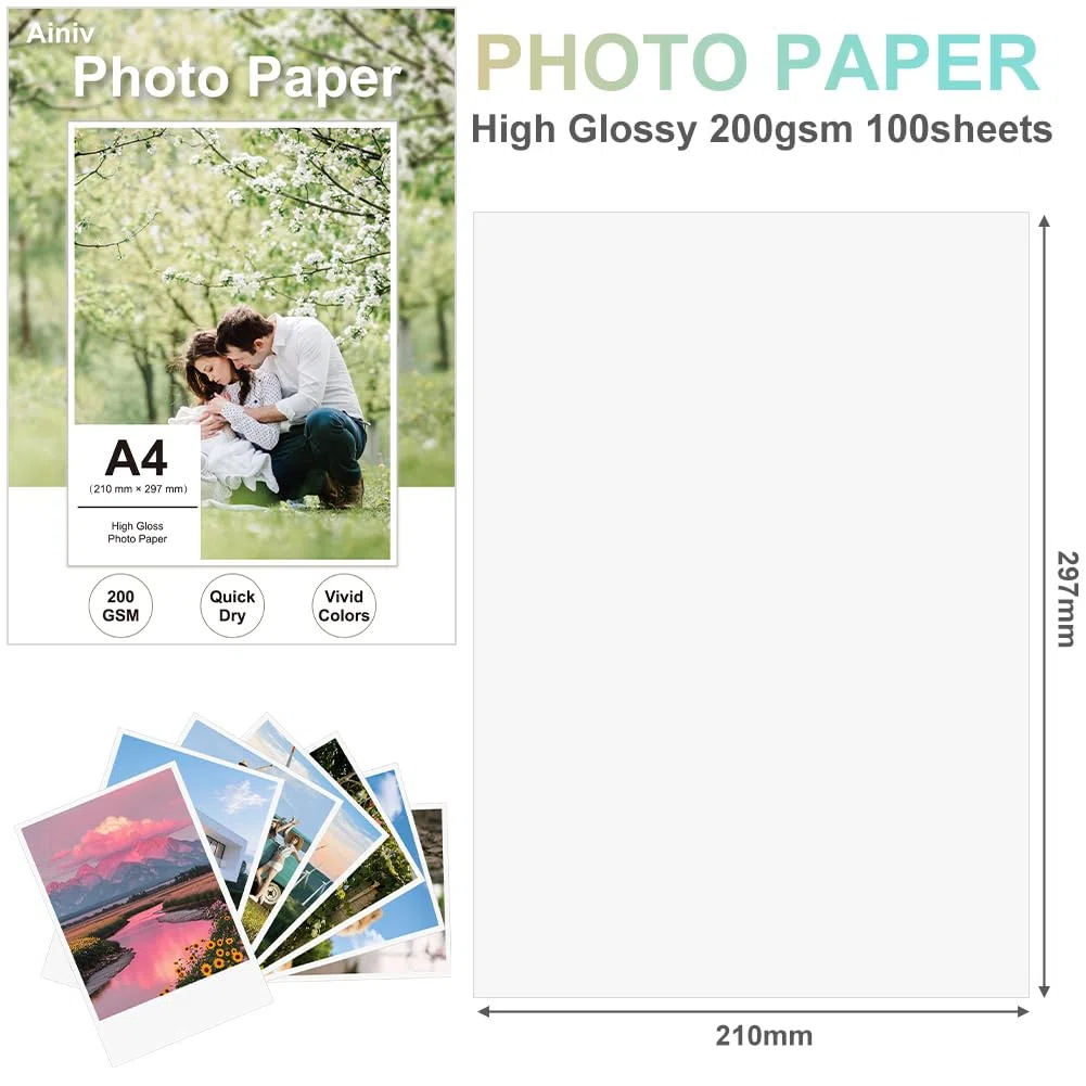 Ainiv Papel Fotografico A4, 100 Hojas, 200 g/m² Papel Fotográfico Brillante Secado Rápido, Resistente Al Agua y A Las Manchas Compatible con HP Canon Epson Impresoras de Inyección de Tinta