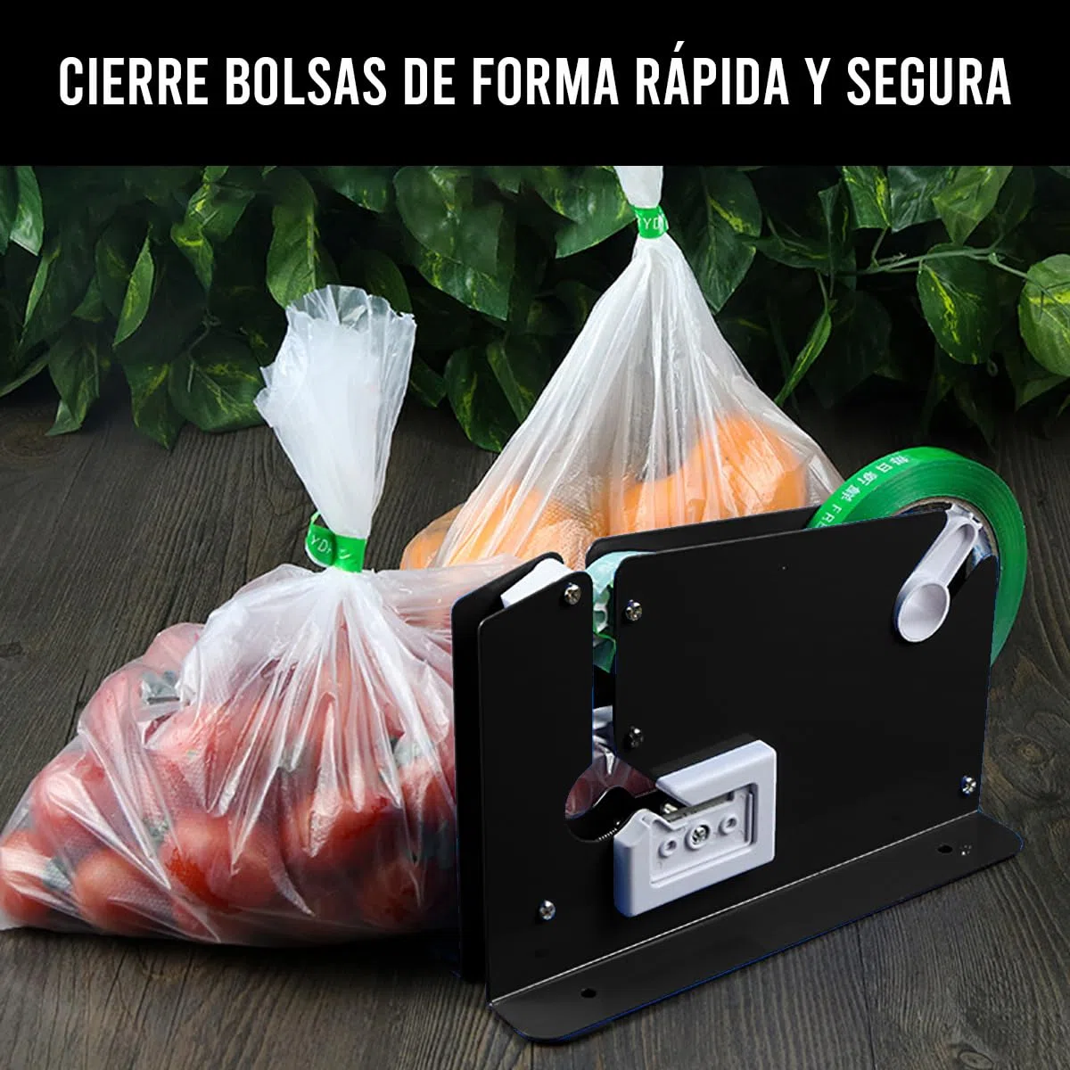Sellador de Bolsas con Cinta PVC; Adecuado para embalar: frutas, verduras, carne, ancho de cinta hasta 12 mm + ¡6 rollos gratis (Negro)