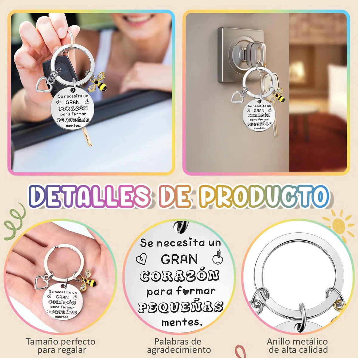 Weewooday Set de Regalo para Profesora 6 Llaveros Grabados de Abeja 6 Tarjetas de Felicitación de Gracias por Ayudarme a Crecer 6 Sobres para Maestros por el Día del Profesor Graduación Cumpleaños