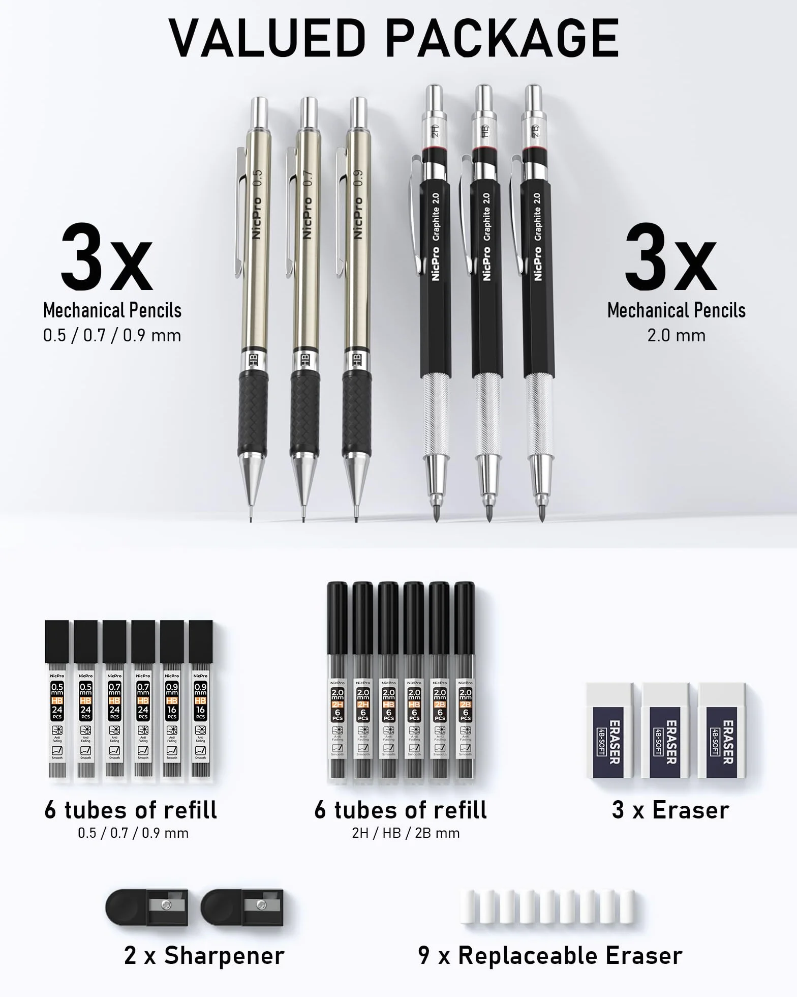 Nicpro 6 Piezas Metálica Portaminas, Profesionales Portaminas 0.5, 0.7, 0.9, 2mm (2B HB 2H) con Minas, Borrador, Sacapuntas para Redacción Escribiendo