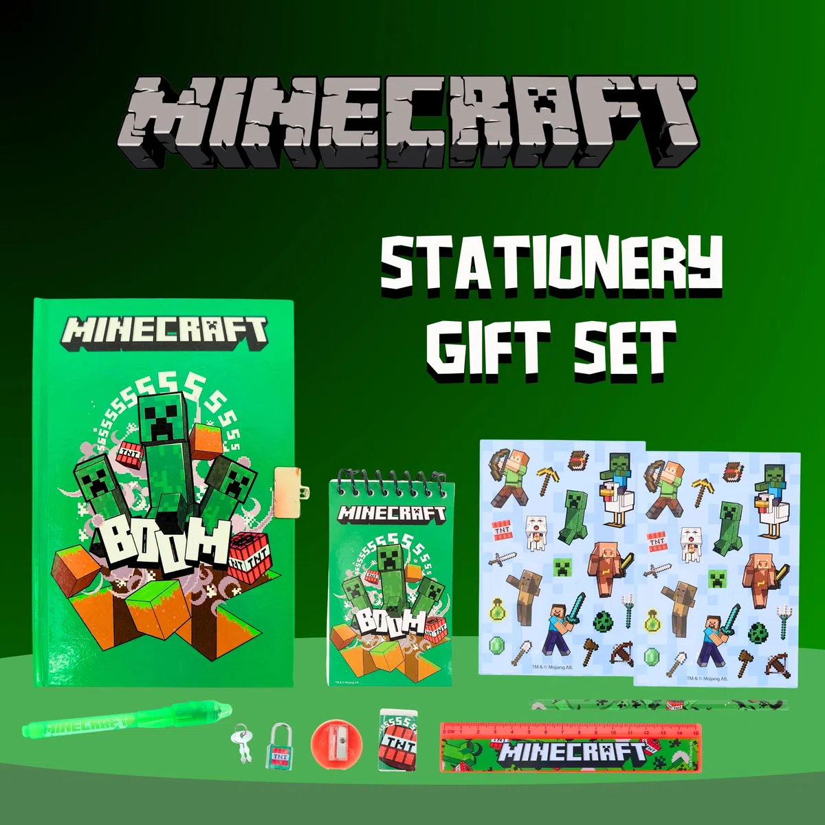 Minecraft Juego de Papelería, Incluye Regla Lapiz Boligrafo Pegatinas Goma de Borrar Sacapuntas Cuaderno y Candado con Llaves, Regalo Set de Papeleria para Niños