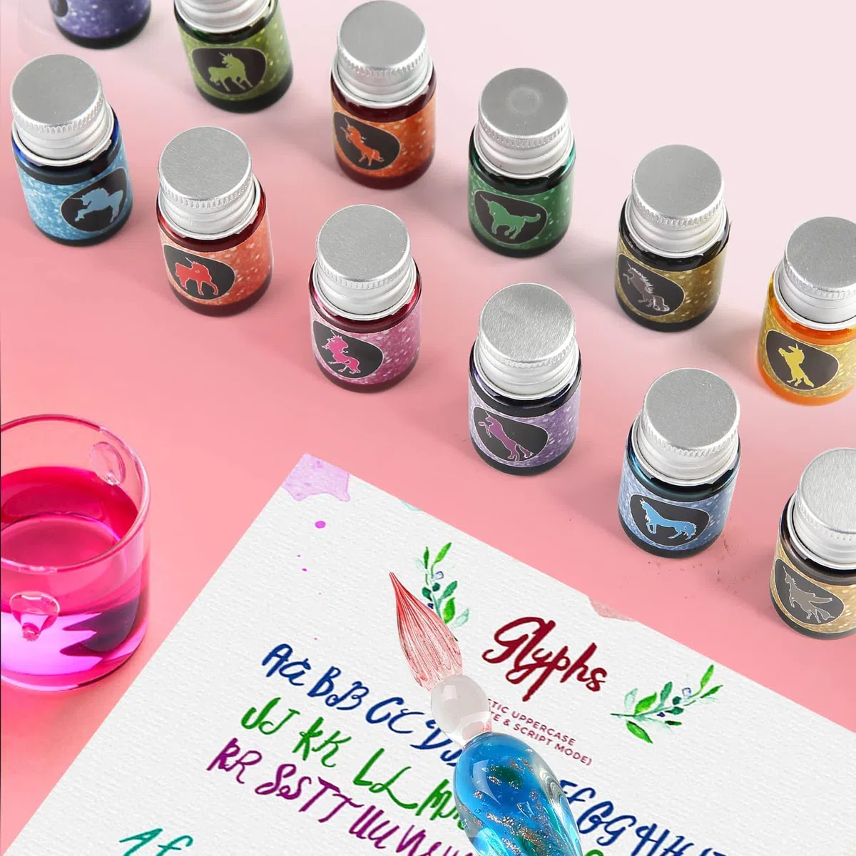 mancola Juego de tinta de cristal hecho a mano con 12 tintas coloridas para arte, firmas, caligrafía, dibujo, decoración, regalo MA-13