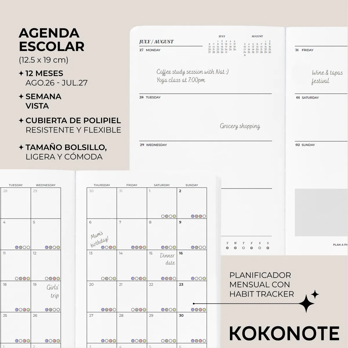 Kokonote Agenda 2026 2027 Semana Vista pequeña Midnight - Agenda escolar A6 para Universidad u Oposiciones para mujer (Tamaño Bolsillo) | Tapas Duras | Con Pestañas, Planificador Mensual, Anual…