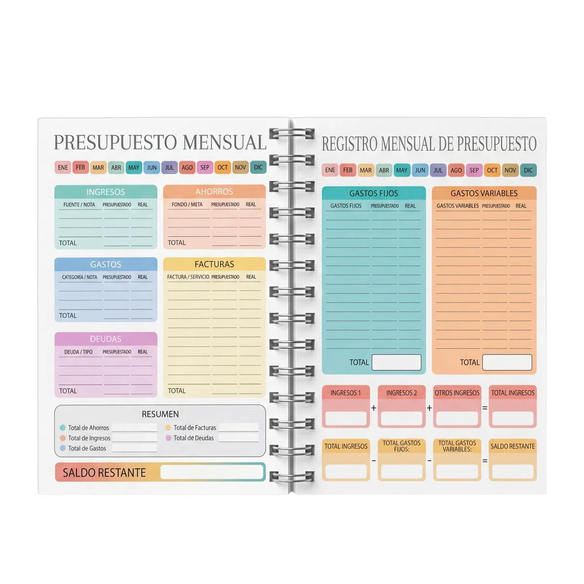 Planificador de Presupuesto Mensual A4 con Espiral, Cuaderno de Finanzas Personales, 50 Páginas a Doble Cara para Control de Gastos, Ingresos y Ahorros