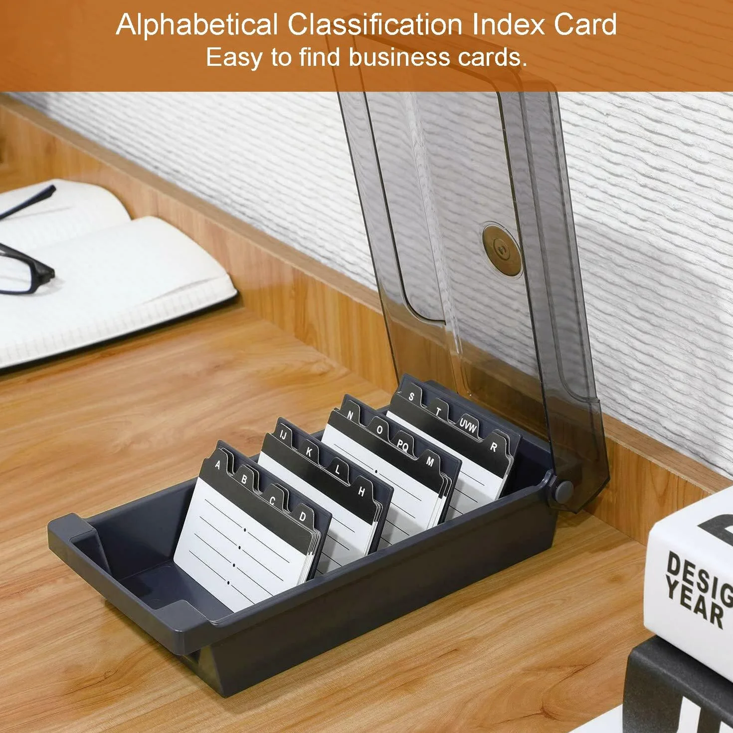 Caja de Organizadora para Tarjetas de Visita,500 Tarjetas,Tarjeteros de Escritorio Transparente con 4 Tablas Divisorias y Pestañas de Índice A-Z (Gris)