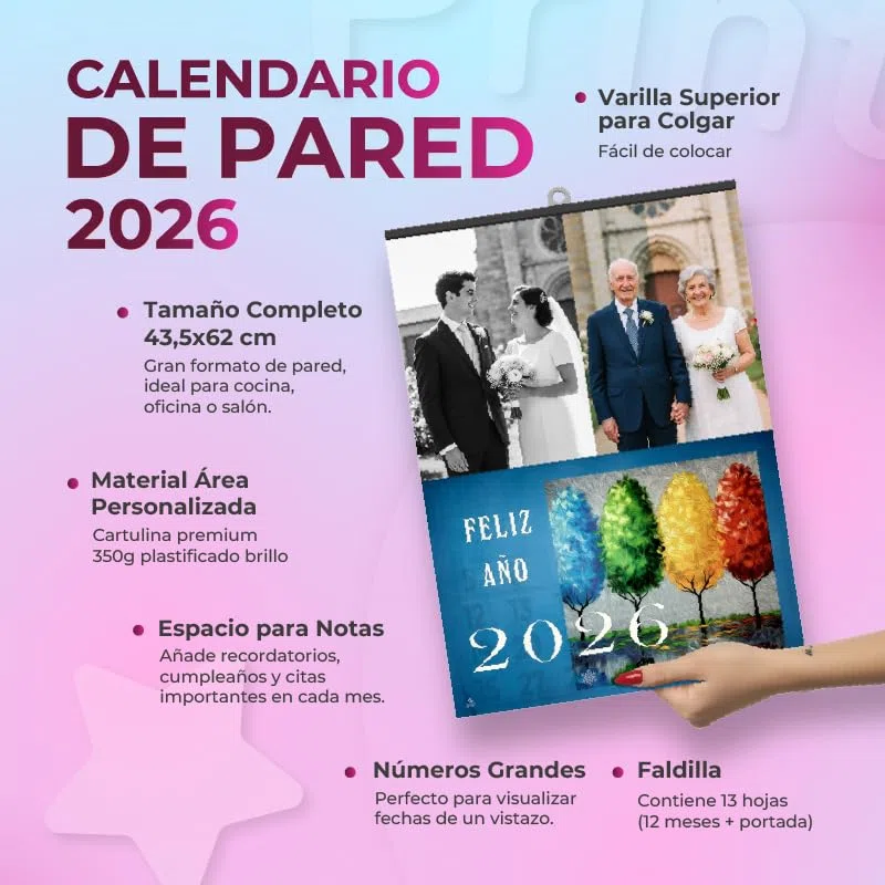 Calendario Personalizado 2026 para Pared con Notas de 43,5cm y Contiene Colgador - Añade Fotos, Textos o Logo - Almanaque con Faldilla Mensual, Ideal para Organizador Mensual o Regalo Navidad