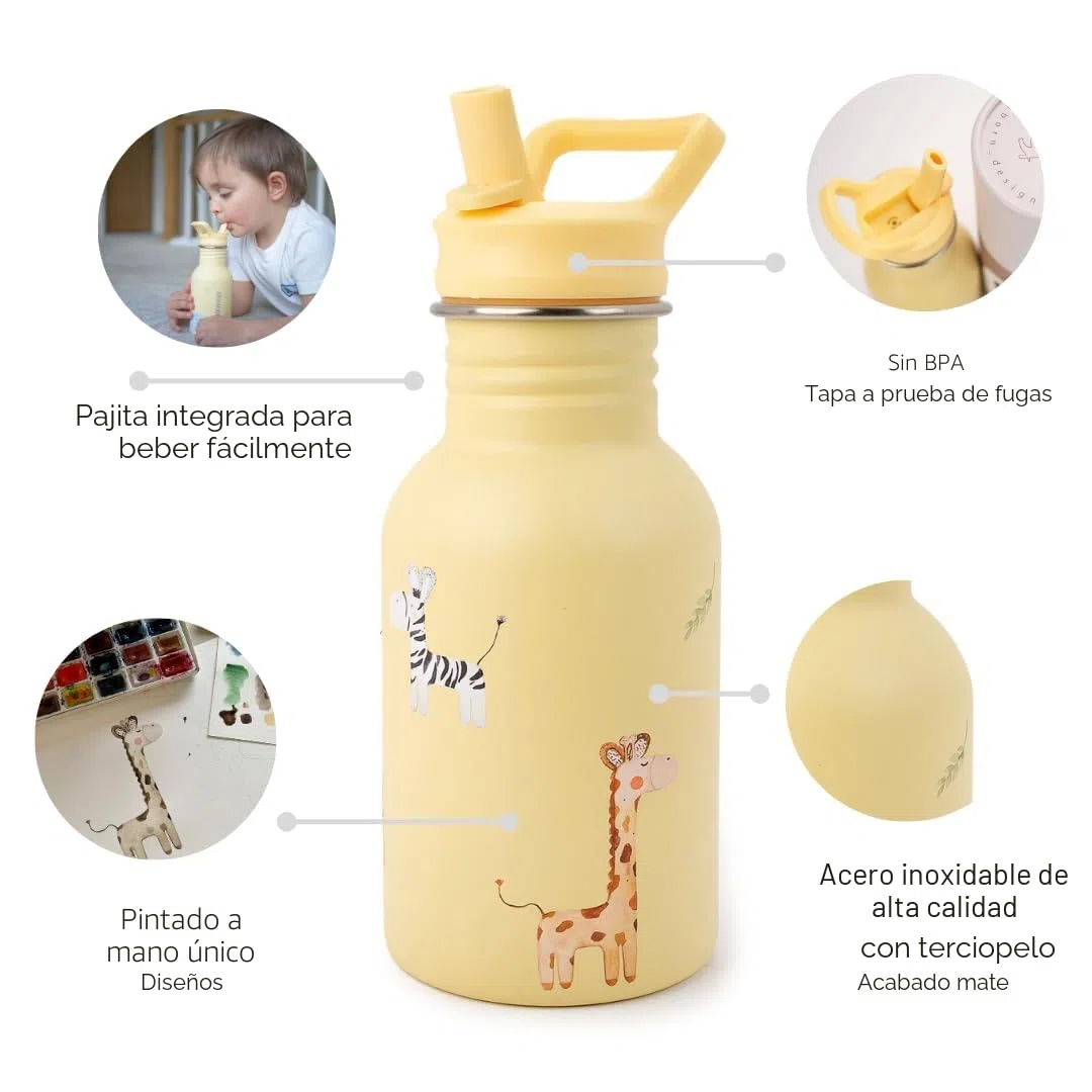 Botella personalizada con pajita para niños J.Børn 350 ml | Diseños pintados a mano | Botella de acero inoxidable apta para uso alimentario para niños | Botella de agua ligera para el colegio