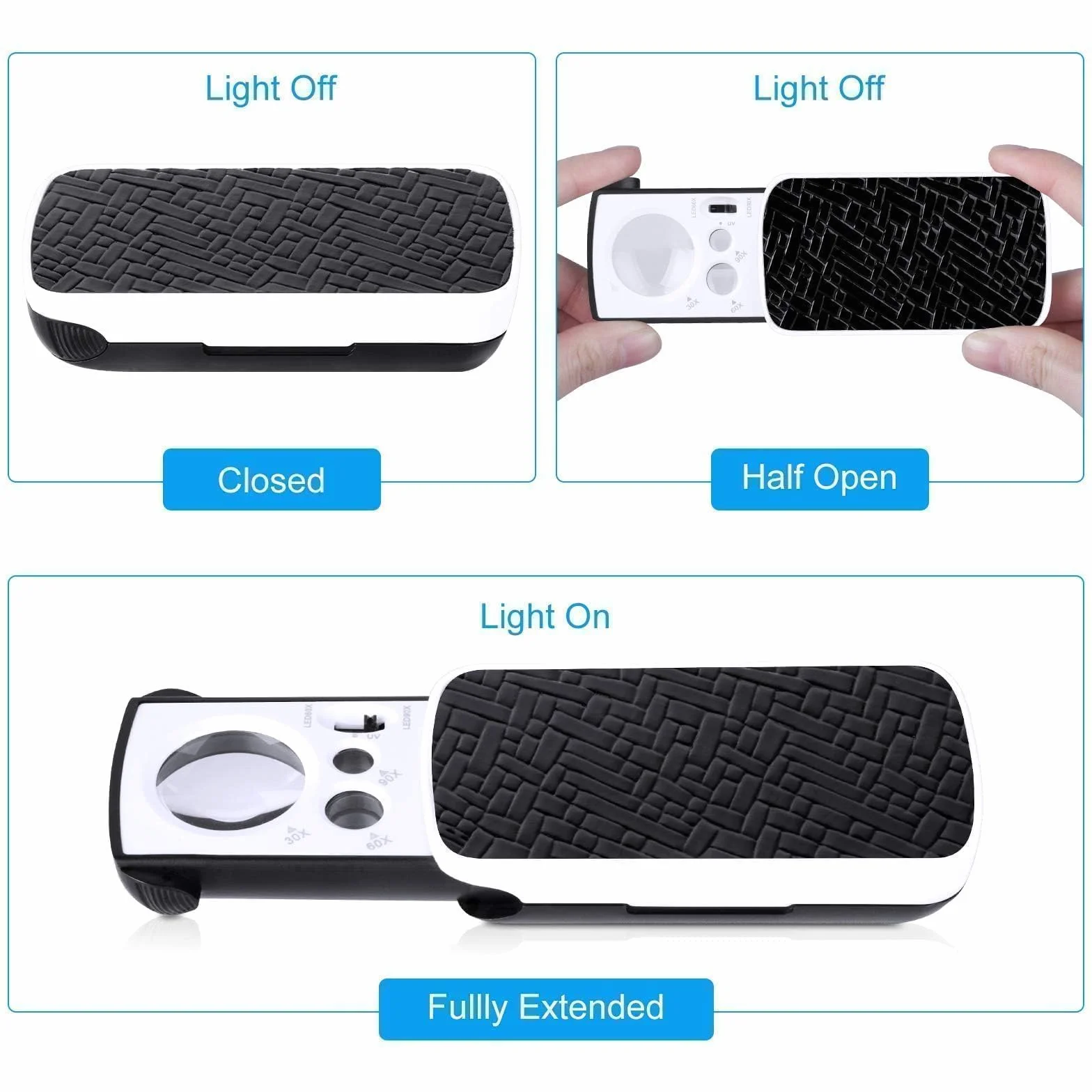 EEEKit Lupa de Joyero LED con Luz, 30X 60X 90X, 2 Piezas Lupa de Bolsillo Iluminada para Inspección de Monedas, Sellos, Piedras, Plantas