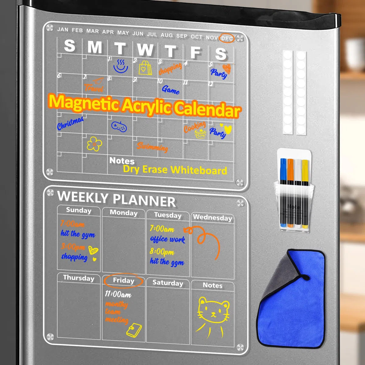 Loiion 2 Set Clear Calendario Mensual Magnético, Acrílico Magnetica Nevera Planificador Mensual, Magnético que se Puede Borrar, Planificador de Comidas Semanales, Planificador Familiar, 42 x 33cm