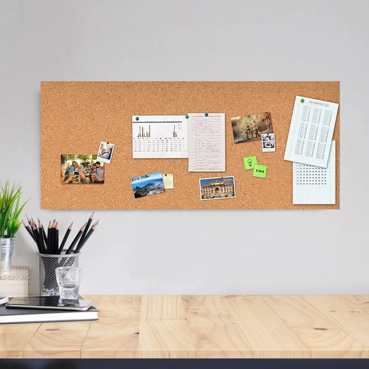 Okydoky Tablero de alfileres de madera maciza, 40 x 120 cm, 3 mm, corcho, rectangular, autoadhesivo, para colgar fotos, barras de anuncios de corcho para oficina, escuela y hogar