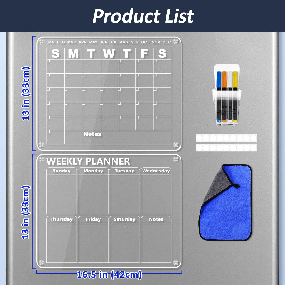 Loiion 2 Set Clear Calendario Mensual Magnético, Acrílico Magnetica Nevera Planificador Mensual, Magnético que se Puede Borrar, Planificador de Comidas Semanales, Planificador Familiar, 42 x 33cm