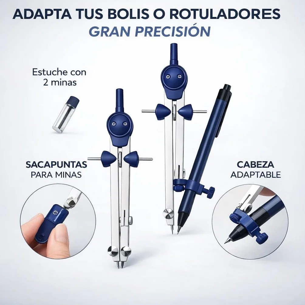 Compás Dibujo Técnico Profesional de Metal con Rueda de Ajuste Azul
